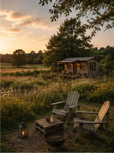 Tiny House auf eigenem Grundstück im goldenen Abendlicht mit Feuerstelle