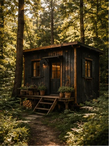 Kleine dunkle Holzhütte im Wald bei Tageslicht