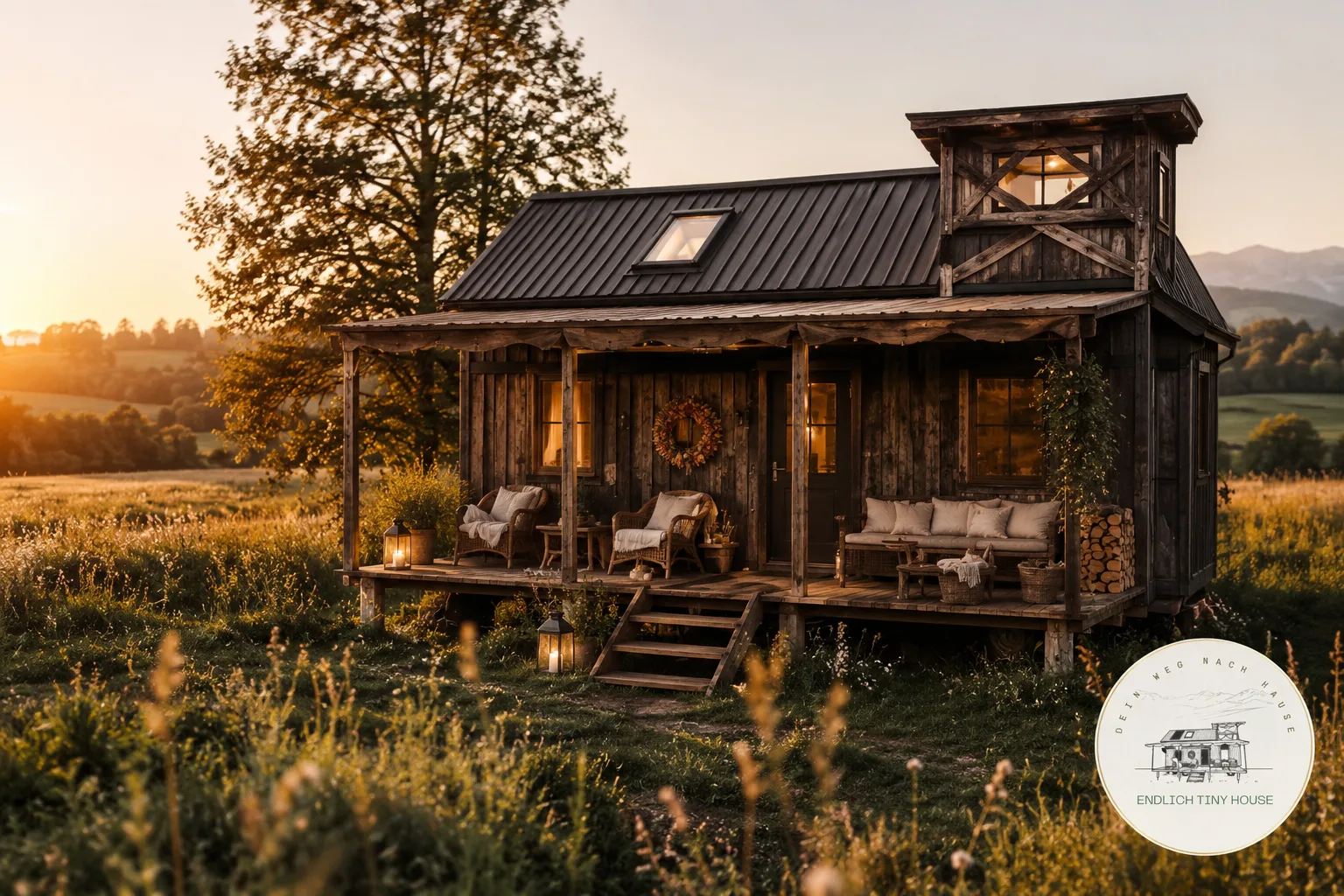 Tiny House bei Sonnenuntergang auf einer Wiese, mit beleuchteter Veranda