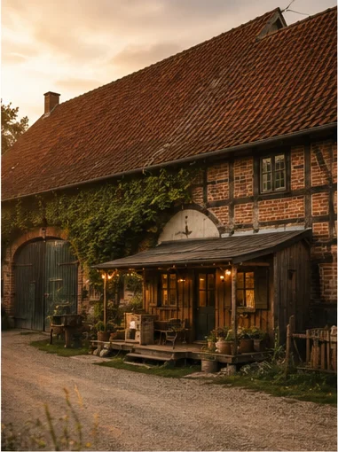 Historisches Backstein-Bauernhaus mit begrüntem Eingangsbereich