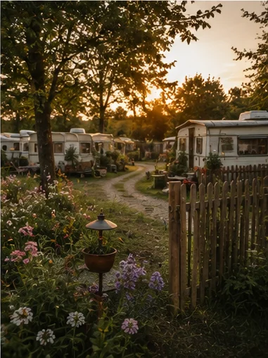 Wohnwagen-Siedlung an einem blühenden Weg bei Sonnenuntergang