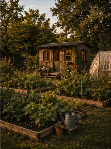 Tiny House mit Gemüsebeeten und Gewächshaus im eigenen Garten